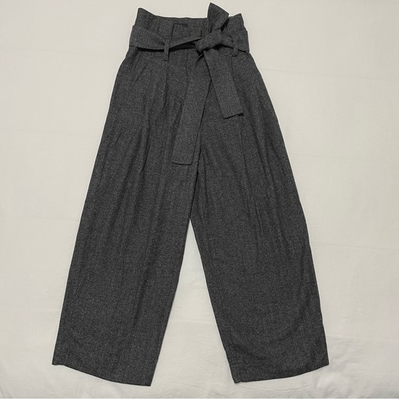 COS Herringbone Gray Wide Leg Belted Tie-Waist Cropped Wool Trouser Pant Size 2 - Picture 2 of 11